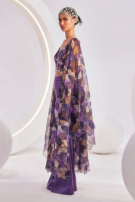 Divya Aggarwal Purple Chiffon, Satin Crystals Valerie Floral Bloom Print Cape Trouser Set Online at Aza Fashions Divya Aggarwal_Purple Chiffon, Satin Crystals Valerie Floral Bloom Print Cape Trouser Set _Online_at_Aza_Fashions