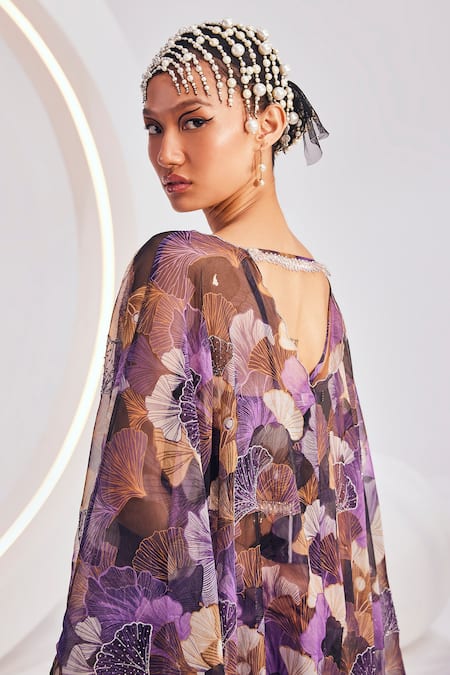 Buy Divya Aggarwal Purple Chiffon, Satin Crystals Valerie Floral Bloom Print Cape Trouser Set Online at Aza Fashions Buy_Divya Aggarwal_Purple Chiffon, Satin Crystals Valerie Floral Bloom Print Cape Trouser Set _Online_at_Aza_Fashions