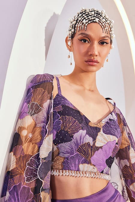 Shop Divya Aggarwal Purple Chiffon, Satin Crystals Valerie Floral Bloom Print Cape Trouser Set Online at Aza Fashions Shop_Divya Aggarwal_Purple Chiffon, Satin Crystals Valerie Floral Bloom Print Cape Trouser Set _Online_at_Aza_Fashions