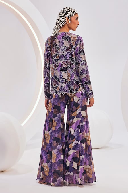Shop Divya Aggarwal Purple Satin, Organza, Chiffon Beads, Floral Bloom Printed Jacket Pant Set at Aza Fashions Shop_Divya Aggarwal_Purple Satin, Organza, Chiffon Beads, Floral Bloom Printed Jacket Pant Set _at_Aza_Fashions