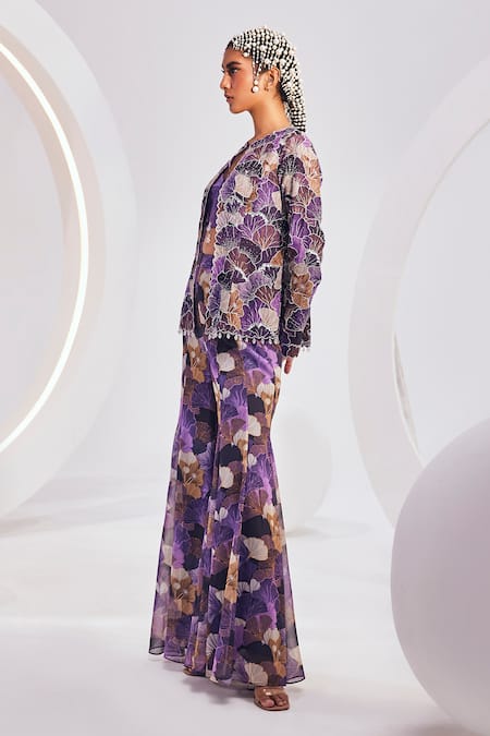 Divya Aggarwal Purple Satin, Organza, Chiffon Beads, Floral Bloom Printed Jacket Pant Set Online at Aza Fashions Divya Aggarwal_Purple Satin, Organza, Chiffon Beads, Floral Bloom Printed Jacket Pant Set _Online_at_Aza_Fashions