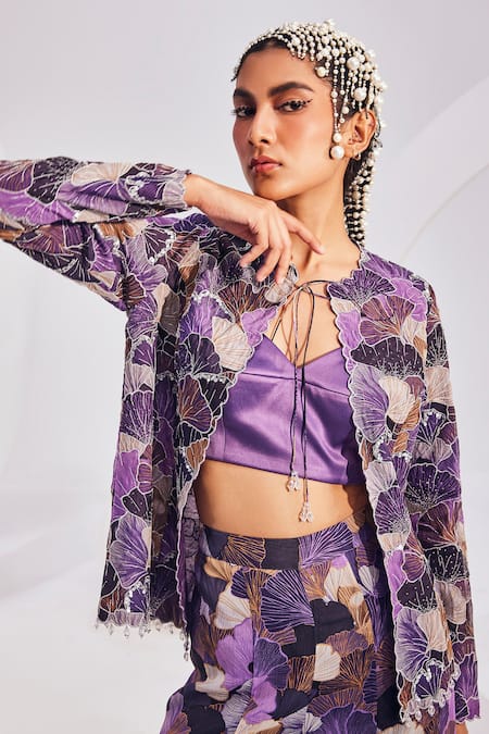 Buy Divya Aggarwal Purple Satin, Organza, Chiffon Beads, Floral Bloom Printed Jacket Pant Set Online at Aza Fashions Buy_Divya Aggarwal_Purple Satin, Organza, Chiffon Beads, Floral Bloom Printed Jacket Pant Set _Online_at_Aza_Fashions