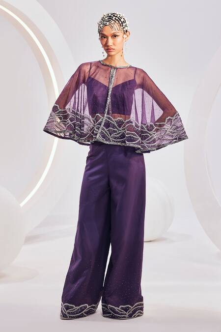 Divya Aggarwal Purple Satin Sequins Round Neck Zoey Embroidered Cape Trouser Set Online at Aza Fashions Divya Aggarwal_Purple Satin Sequins Round Neck Zoey Embroidered Cape Trouser Set _Online_at_Aza_Fashions