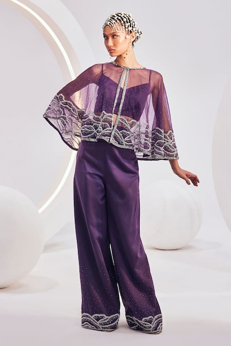 Buy Divya Aggarwal Purple Satin Sequins Round Neck Zoey Embroidered Cape Trouser Set Online at Aza Fashions Buy_Divya Aggarwal_Purple Satin Sequins Round Neck Zoey Embroidered Cape Trouser Set _Online_at_Aza_Fashions