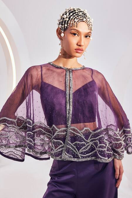 Shop Divya Aggarwal Purple Satin Sequins Round Neck Zoey Embroidered Cape Trouser Set Online at Aza Fashions Shop_Divya Aggarwal_Purple Satin Sequins Round Neck Zoey Embroidered Cape Trouser Set _Online_at_Aza_Fashions