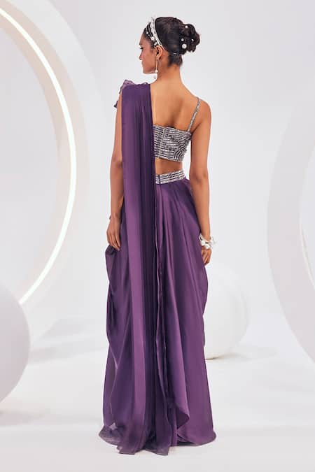 Shop Divya Aggarwal Purple Chiffon, Satin Sequins, Beads, Applique 3d Shell Concept Saree at Aza Fashions Shop_Divya Aggarwal_Purple Chiffon, Satin Sequins, Beads, Applique 3d Shell Concept Saree _at_Aza_Fashions