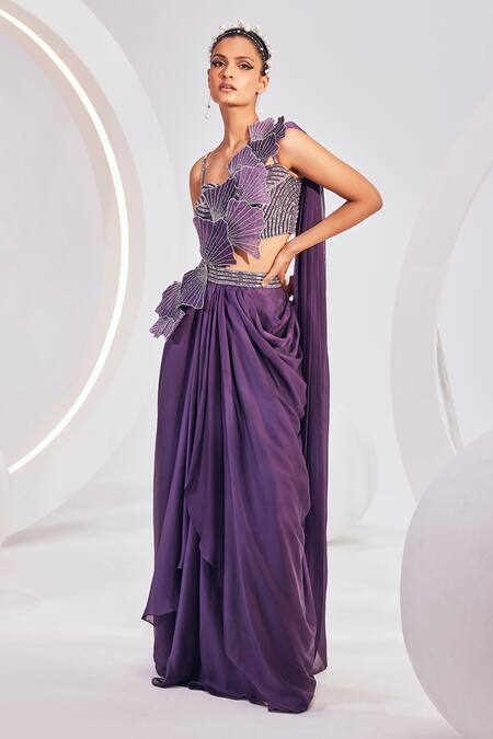 Divya Aggarwal Purple Chiffon, Satin Sequins, Beads, Applique 3d Shell Concept Saree Online at Aza Fashions Divya Aggarwal_Purple Chiffon, Satin Sequins, Beads, Applique 3d Shell Concept Saree _Online_at_Aza_Fashions