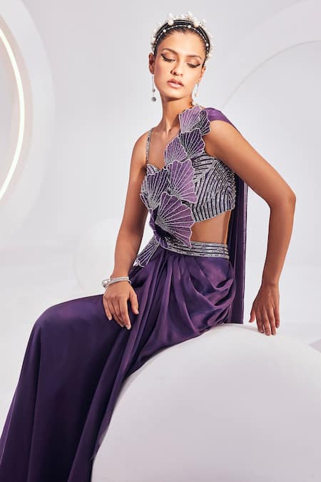 Shop Divya Aggarwal Purple Chiffon, Satin Sequins, Beads, Applique 3d Shell Concept Saree Online at Aza Fashions Shop_Divya Aggarwal_Purple Chiffon, Satin Sequins, Beads, Applique 3d Shell Concept Saree _Online_at_Aza_Fashions