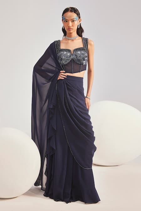 Buy Divya Aggarwal Blue Georgette, Satin, Tulle Sequins, Navy Embroidered Corset Blouse And Saree Set Online at Aza Fashions Buy_Divya Aggarwal_Blue Georgette, Satin, Tulle Sequins, Navy Embroidered Corset Blouse And Saree Set _Online_at_Aza_Fashions