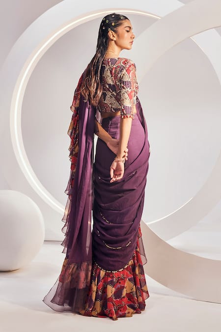 Shop Divya Aggarwal Wine Georgette Beads Sweetheart Neck Floral Print Ruffle Saree Set at Aza Fashions Shop_Divya Aggarwal_Wine Georgette Beads Sweetheart Neck Floral Print Ruffle Saree Set _at_Aza_Fashions