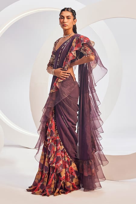Divya Aggarwal Wine Georgette Beads Sweetheart Neck Floral Print Ruffle Saree Set Online at Aza Fashions Divya Aggarwal_Wine Georgette Beads Sweetheart Neck Floral Print Ruffle Saree Set _Online_at_Aza_Fashions