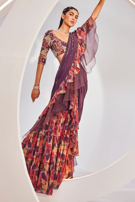 Buy Divya Aggarwal Wine Georgette Beads Sweetheart Neck Floral Print Ruffle Saree Set Online at Aza Fashions Buy_Divya Aggarwal_Wine Georgette Beads Sweetheart Neck Floral Print Ruffle Saree Set _Online_at_Aza_Fashions