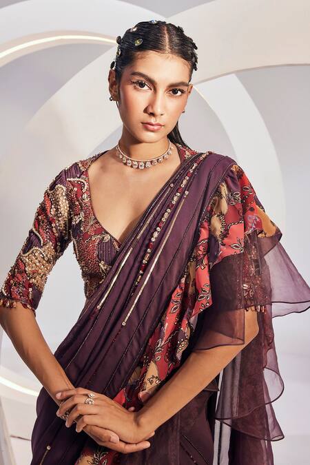 Shop Divya Aggarwal Wine Georgette Beads Sweetheart Neck Floral Print Ruffle Saree Set Online at Aza Fashions Shop_Divya Aggarwal_Wine Georgette Beads Sweetheart Neck Floral Print Ruffle Saree Set _Online_at_Aza_Fashions