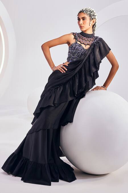 Buy Divya Aggarwal Black Satin, Chiffon Embroidery, Pearls, Beads Ruffle Saree With Blouse Online at Aza Fashions Buy_Divya Aggarwal_Black Satin, Chiffon Embroidery, Pearls, Beads Ruffle Saree With Blouse _Online_at_Aza_Fashions