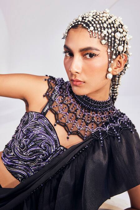 Shop Divya Aggarwal Black Satin, Chiffon Embroidery, Pearls, Beads Ruffle Saree With Blouse Online at Aza Fashions Shop_Divya Aggarwal_Black Satin, Chiffon Embroidery, Pearls, Beads Ruffle Saree With Blouse _Online_at_Aza_Fashions