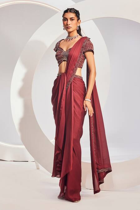 Divya Aggarwal Wine Chiffon, Satin Beads Sweetheart Embroidered Pre-draped Saree With Blouse Online at Aza Fashions Divya Aggarwal_Wine Chiffon, Satin Beads Sweetheart Embroidered Pre-draped Saree With Blouse _Online_at_Aza_Fashions