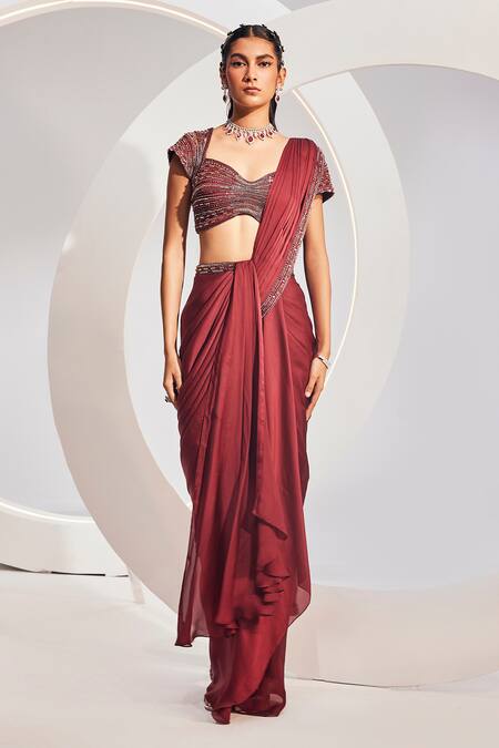Buy Divya Aggarwal Wine Chiffon, Satin Beads Sweetheart Embroidered Pre-draped Saree With Blouse Online at Aza Fashions Buy_Divya Aggarwal_Wine Chiffon, Satin Beads Sweetheart Embroidered Pre-draped Saree With Blouse _Online_at_Aza_Fashions