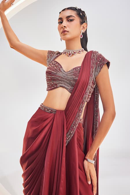 Shop Divya Aggarwal Wine Chiffon, Satin Beads Sweetheart Embroidered Pre-draped Saree With Blouse Online at Aza Fashions Shop_Divya Aggarwal_Wine Chiffon, Satin Beads Sweetheart Embroidered Pre-draped Saree With Blouse _Online_at_Aza_Fashions