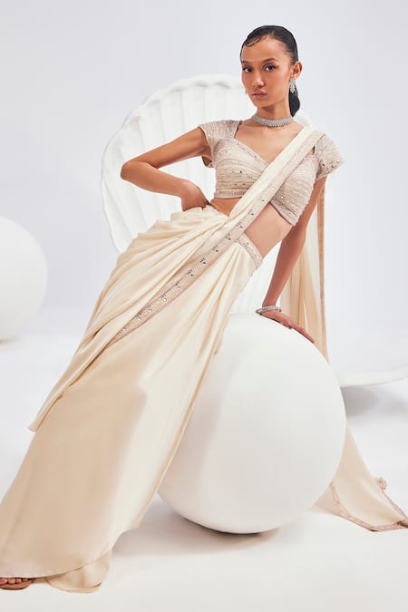 Buy Divya Aggarwal Ivory Chiffon, Satin Beads Sweetheart Pre-draped Embellished Saree With Blouse Online at Aza Fashions Buy_Divya Aggarwal_Ivory Chiffon, Satin Beads Sweetheart Pre-draped Embellished Saree With Blouse _Online_at_Aza_Fashions