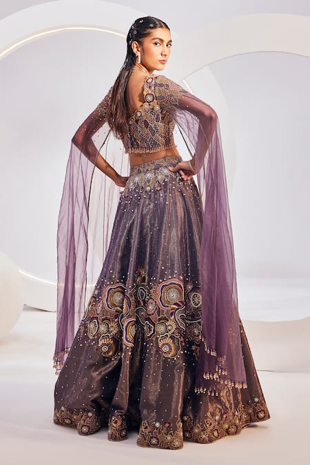 Shop Divya Aggarwal Wine Chanderi Silk Embroidered Thread Sequin And Bead Embellished Lehenga Set at Aza Fashions Shop_Divya Aggarwal_Wine Chanderi Silk Embroidered Thread Sequin And Bead Embellished Lehenga Set _at_Aza_Fashions