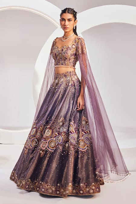 Divya Aggarwal Wine Chanderi Silk Embroidered Thread Sequin And Bead Embellished Lehenga Set Online at Aza Fashions Divya Aggarwal_Wine Chanderi Silk Embroidered Thread Sequin And Bead Embellished Lehenga Set _Online_at_Aza_Fashions