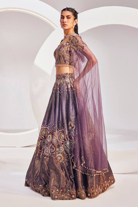 Buy Divya Aggarwal Wine Chanderi Silk Embroidered Thread Sequin And Bead Embellished Lehenga Set Online at Aza Fashions Buy_Divya Aggarwal_Wine Chanderi Silk Embroidered Thread Sequin And Bead Embellished Lehenga Set _Online_at_Aza_Fashions