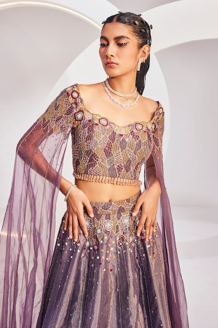 Shop Divya Aggarwal Wine Chanderi Silk Embroidered Thread Sequin And Bead Embellished Lehenga Set Online at Aza Fashions Shop_Divya Aggarwal_Wine Chanderi Silk Embroidered Thread Sequin And Bead Embellished Lehenga Set _Online_at_Aza_Fashions