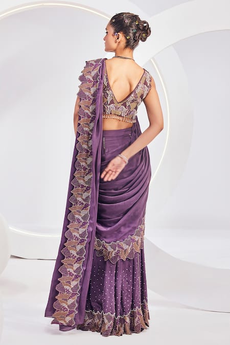 Shop Divya Aggarwal Wine Saree Chiffon Satin Pre-draped Embellished Sharara With Blouse at Aza Fashions Shop_Divya Aggarwal_Wine Saree Chiffon Satin Pre-draped Embellished Sharara With Blouse _at_Aza_Fashions