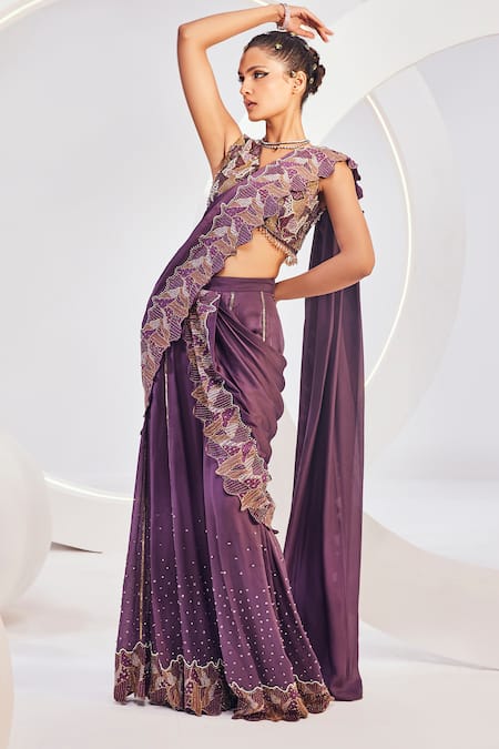 Divya Aggarwal Wine Saree Chiffon Satin Pre-draped Embellished Sharara With Blouse Online at Aza Fashions Divya Aggarwal_Wine Saree Chiffon Satin Pre-draped Embellished Sharara With Blouse _Online_at_Aza_Fashions