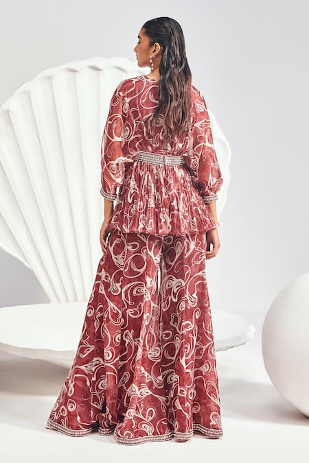 Shop Divya Aggarwal Red Chiffon Embroidery V-neck Pleated Kurta Sharara Set at Aza Fashions Shop_Divya Aggarwal_Red Chiffon Embroidery V-neck Pleated Kurta Sharara Set _at_Aza_Fashions