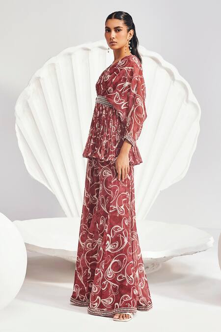 Divya Aggarwal Red Chiffon Embroidery V-neck Pleated Kurta Sharara Set Online at Aza Fashions Divya Aggarwal_Red Chiffon Embroidery V-neck Pleated Kurta Sharara Set _Online_at_Aza_Fashions