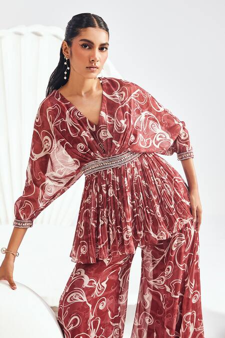 Buy Divya Aggarwal Red Chiffon Embroidery V-neck Pleated Kurta Sharara Set Online at Aza Fashions Buy_Divya Aggarwal_Red Chiffon Embroidery V-neck Pleated Kurta Sharara Set _Online_at_Aza_Fashions