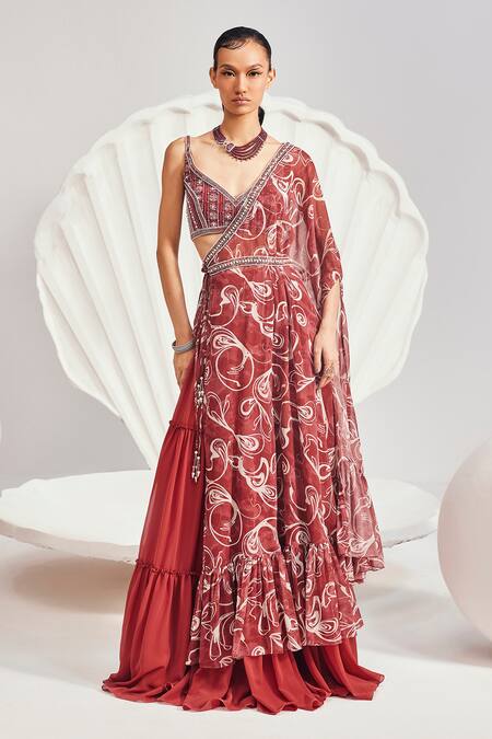 Divya Aggarwal Red Embroidered Sequin Sweetheart Neck Embellished Cape And Skirt Set