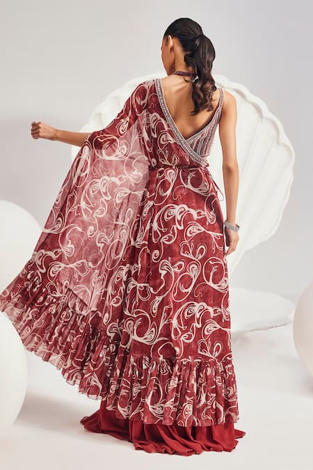 Shop Divya Aggarwal Red Georgette Sequins, Beads, Embroidery Sweetheart Embellished Cape And Skirt Set at Aza Fashions Shop_Divya Aggarwal_Red Georgette Sequins, Beads, Embroidery Sweetheart Embellished Cape And Skirt Set _at_Aza_Fashions