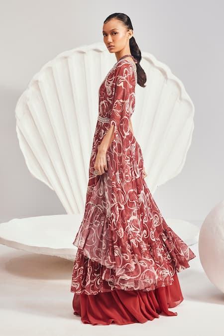 Divya Aggarwal Red Georgette Sequins, Beads, Embroidery Sweetheart Embellished Cape And Skirt Set Online at Aza Fashions Divya Aggarwal_Red Georgette Sequins, Beads, Embroidery Sweetheart Embellished Cape And Skirt Set _Online_at_Aza_Fashions