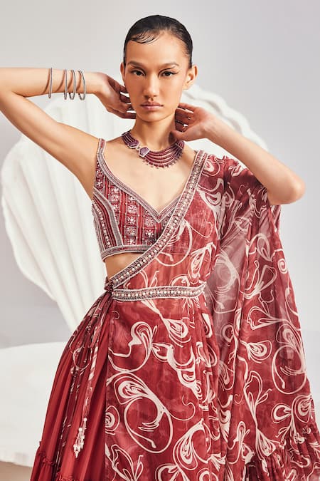 Shop Divya Aggarwal Red Georgette Sequins, Beads, Embroidery Sweetheart Embellished Cape And Skirt Set Online at Aza Fashions Shop_Divya Aggarwal_Red Georgette Sequins, Beads, Embroidery Sweetheart Embellished Cape And Skirt Set _Online_at_Aza_Fashions