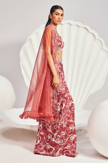 Divya Aggarwal Red Satin Sequins, Beads, Pearls Organza Embellished Cape And Knotted Skirt Set Online at Aza Fashions Divya Aggarwal_Red Satin Sequins, Beads, Pearls Organza Embellished Cape And Knotted Skirt Set _Online_at_Aza_Fashions