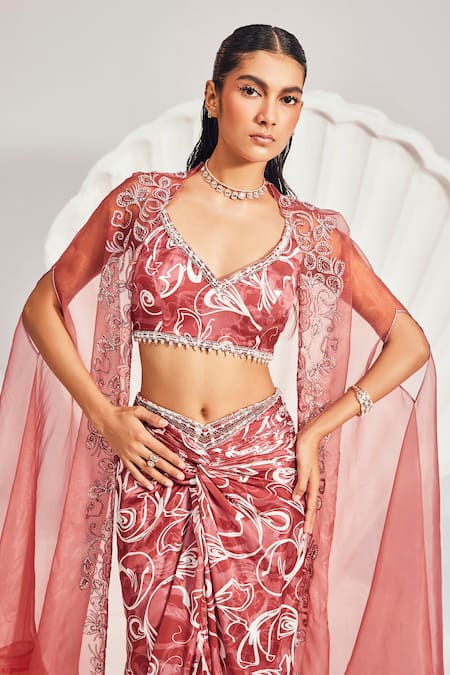 Buy Divya Aggarwal Red Satin Sequins, Beads, Pearls Organza Embellished Cape And Knotted Skirt Set Online at Aza Fashions Buy_Divya Aggarwal_Red Satin Sequins, Beads, Pearls Organza Embellished Cape And Knotted Skirt Set _Online_at_Aza_Fashions
