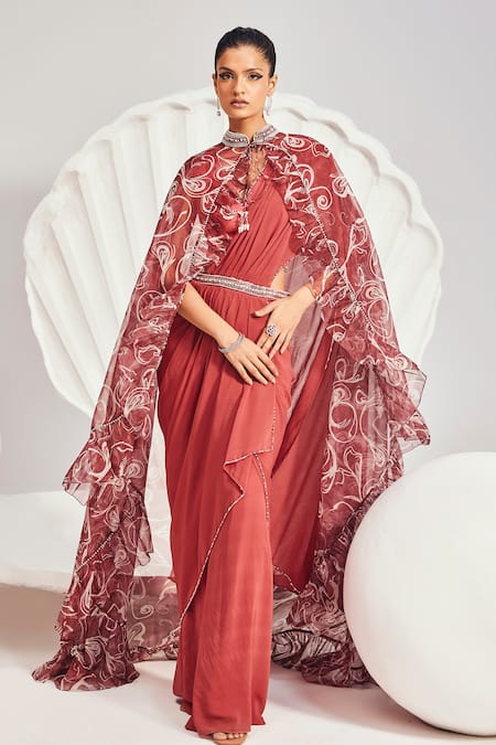 Divya Aggarwal Red Saree Georgette Embroidered Sequin V Neck Pre-draped With Cape