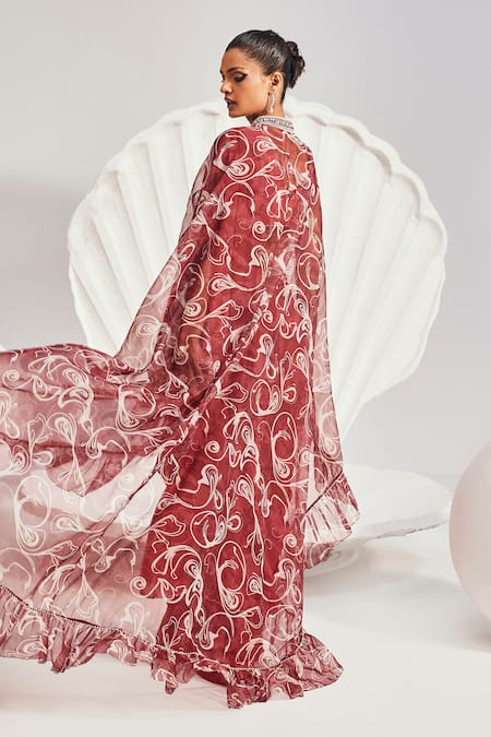 Shop Divya Aggarwal Red Georgette, Satin Pearls, Sequins, Embroidered Pre-draped Saree With Cape at Aza Fashions Shop_Divya Aggarwal_Red Georgette, Satin Pearls, Sequins, Embroidered Pre-draped Saree With Cape _at_Aza_Fashions