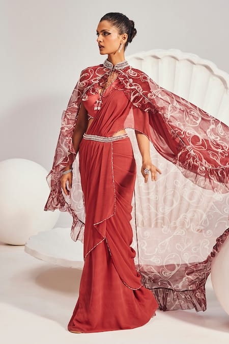 Divya Aggarwal Red Georgette, Satin Pearls, Sequins, Embroidered Pre-draped Saree With Cape Online at Aza Fashions Divya Aggarwal_Red Georgette, Satin Pearls, Sequins, Embroidered Pre-draped Saree With Cape _Online_at_Aza_Fashions