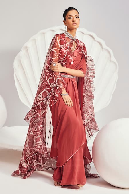 Buy Divya Aggarwal Red Georgette, Satin Pearls, Sequins, Embroidered Pre-draped Saree With Cape Online at Aza Fashions Buy_Divya Aggarwal_Red Georgette, Satin Pearls, Sequins, Embroidered Pre-draped Saree With Cape _Online_at_Aza_Fashions