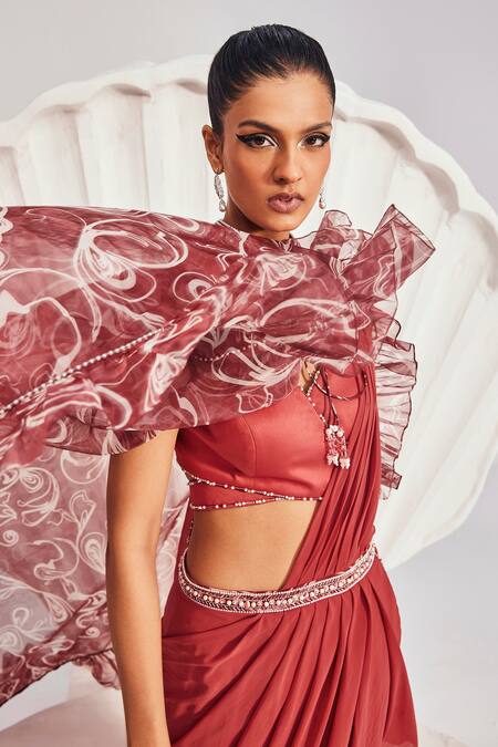 Shop Divya Aggarwal Red Georgette, Satin Pearls, Sequins, Embroidered Pre-draped Saree With Cape Online at Aza Fashions Shop_Divya Aggarwal_Red Georgette, Satin Pearls, Sequins, Embroidered Pre-draped Saree With Cape _Online_at_Aza_Fashions