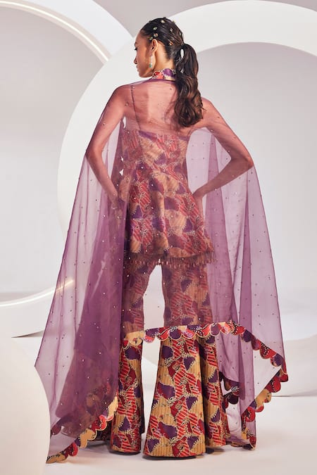 Shop Divya Aggarwal Wine Silk, Organza Beads Square Neck Abstract Print Kurta Sharara Set at Aza Fashions Shop_Divya Aggarwal_Wine Silk, Organza Beads Square Neck Abstract Print Kurta Sharara Set _at_Aza_Fashions