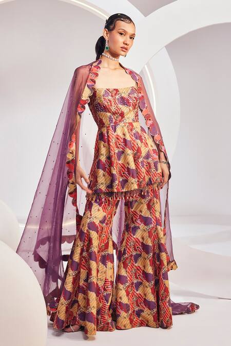 Divya Aggarwal Wine Silk, Organza Beads Square Neck Abstract Print Kurta Sharara Set Online at Aza Fashions Divya Aggarwal_Wine Silk, Organza Beads Square Neck Abstract Print Kurta Sharara Set _Online_at_Aza_Fashions
