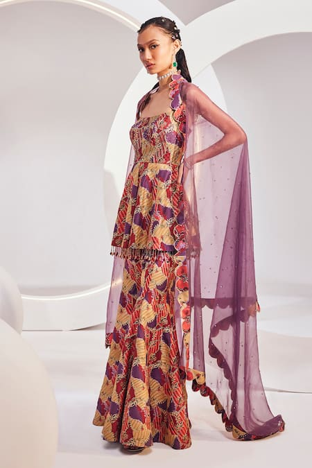 Buy Divya Aggarwal Wine Silk, Organza Beads Square Neck Abstract Print Kurta Sharara Set Online at Aza Fashions Buy_Divya Aggarwal_Wine Silk, Organza Beads Square Neck Abstract Print Kurta Sharara Set _Online_at_Aza_Fashions