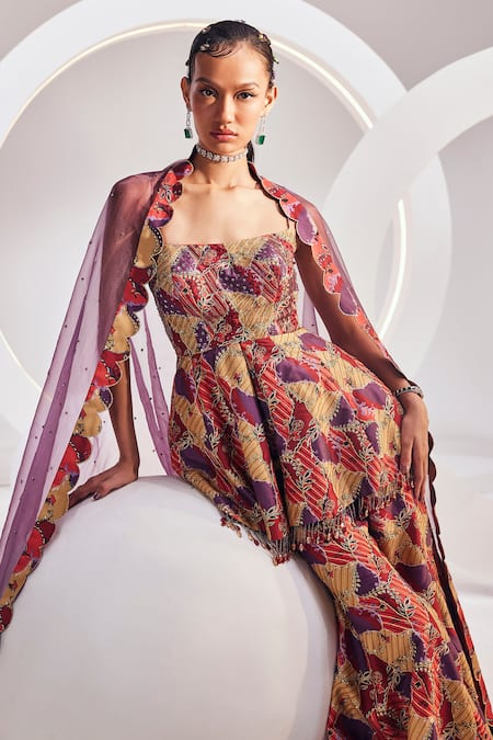 Shop Divya Aggarwal Wine Silk, Organza Beads Square Neck Abstract Print Kurta Sharara Set Online at Aza Fashions Shop_Divya Aggarwal_Wine Silk, Organza Beads Square Neck Abstract Print Kurta Sharara Set _Online_at_Aza_Fashions