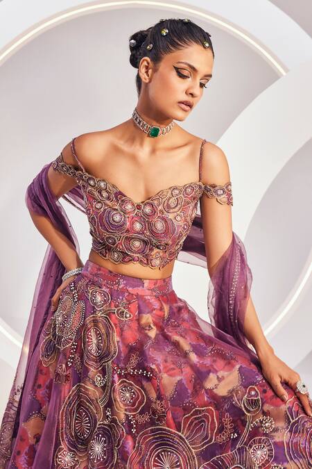 Shop Divya Aggarwal Wine Lehenga And Blouse Dupion Silk Embroidered Bead Embellished Bridal Set Online at Aza Fashions Shop_Divya Aggarwal_Wine Lehenga And Blouse Dupion Silk Embroidered Bead Embellished Bridal Set _Online_at_Aza_Fashions