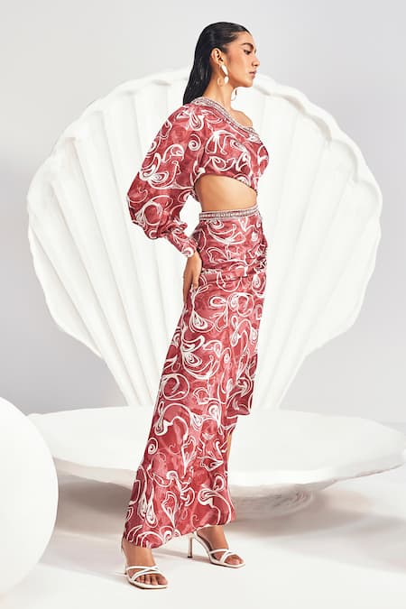 Buy_Divya Aggarwal_Red Satin Printed One Shoulder Asymmetric Drape Dress _Online_at_Aza_Fashions