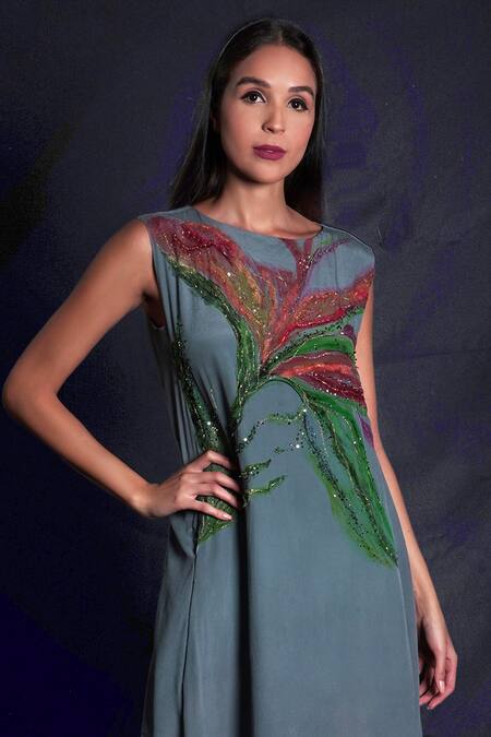 Buy Seesa Grey Crepe Beads, Zari, Sequins Boat Neck Leaf Applique Work Dress Online at Aza Fashions Buy_Seesa_Grey Crepe Beads, Zari, Sequins Boat Neck Leaf Applique Work Dress _Online_at_Aza_Fashions